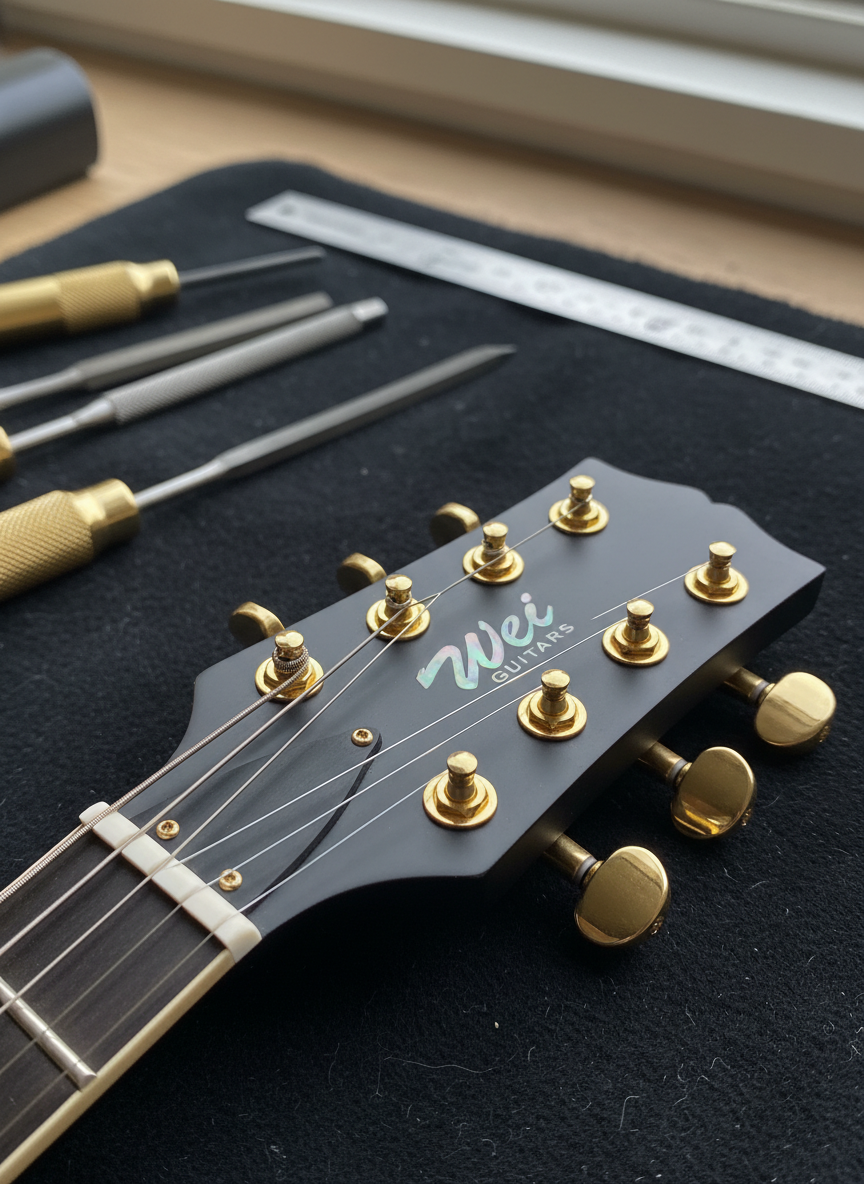A detailed macro photographic view of a custom guitar headstock lying on a dark felt-lined bench, showcasing a tasteful “Wei Guitars” logo in pearl inlay set into an ebony veneer. The headstock features precisely cut slots, polished bone nut, and carefully aligned gold tuning machines with ebony buttons. Soft, diffused side lighting from an unseen window creates gentle highlights along the inlay and tuners, with subtle reflections on the metal hardware. The blurred background hints at scattered fret files and a straightedge ruler. Shot from a low, close angle, emphasizing texture—the fine grain of the ebony, the smooth, slightly matte finish. The composition follows the rule of thirds, giving a refined, professional mood that highlights branding and attention to detail.