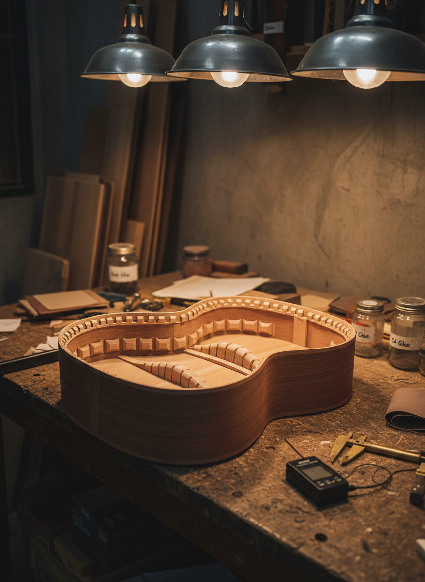 An unfinished handmade guitar body clamped to a sturdy luthier’s workbench in a compact Taipei Zhonghe workshop, the sides perfectly bent and lined with kerfing, the top still open revealing carefully scalloped bracing. Surrounding the body are labeled jars of glue, fine-grit sandpaper, calipers, and a digital tuner. Overhead warm workshop lamps cast focused, downward light, creating dramatic shadows within the body cavity and emphasizing the clean chisel marks on the braces. The background shows neatly stacked tonewood sets leaning against a concrete wall, slightly out of focus. Captured from a slightly elevated three-quarter angle, with moderate depth of field to keep the instrument and key tools sharp. The mood is quietly industrious and meticulous, in realistic photographic style.