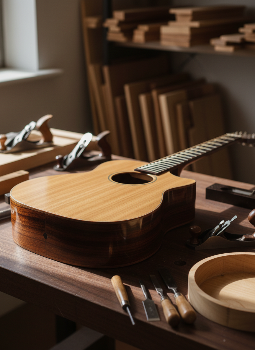 A close-up photographic image of a handcrafted steel-string acoustic guitar resting on a dark walnut workbench in a luthier’s studio. The guitar features a silky Sitka spruce top with tight grain, rich East Indian rosewood back and sides, and a glossy nitrocellulose finish that reflects light subtly. Around it lie neatly arranged chisels, small planes, and a wooden radius dish. Soft afternoon window light enters from the left, creating gentle highlights along the guitar’s curves and casting delicate shadows of tools across the bench. Shot at eye level with a shallow depth of field so the guitar body is in crisp focus while the background shelves of wood blanks blur into a warm, professional atmosphere. Photographic realism, clean and modern, conveying precision and craftsmanship.