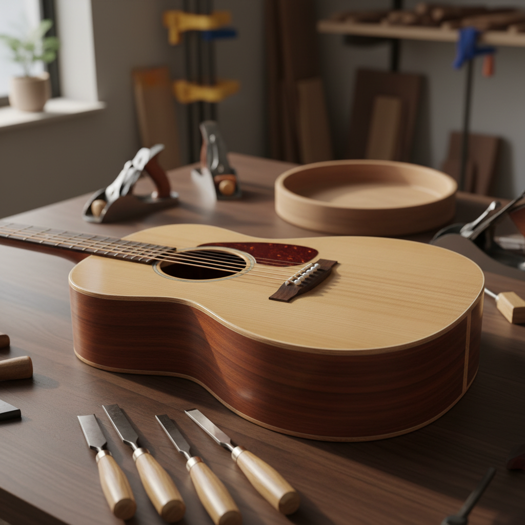 A close-up photographic image of a handcrafted steel-string acoustic guitar resting on a dark walnut workbench in a luthier’s studio. The guitar features a silky Sitka spruce top with tight grain, rich East Indian rosewood back and sides, and a glossy nitrocellulose finish that reflects light subtly. Around it lie neatly arranged chisels, small planes, and a wooden radius dish. Soft afternoon window light enters from the left, creating gentle highlights along the guitar’s curves and casting delicate shadows of tools across the bench. Shot at eye level with a shallow depth of field so the guitar body is in crisp focus while the background shelves of wood blanks blur into a warm, professional atmosphere. Photographic realism, clean and modern, conveying precision and craftsmanship.