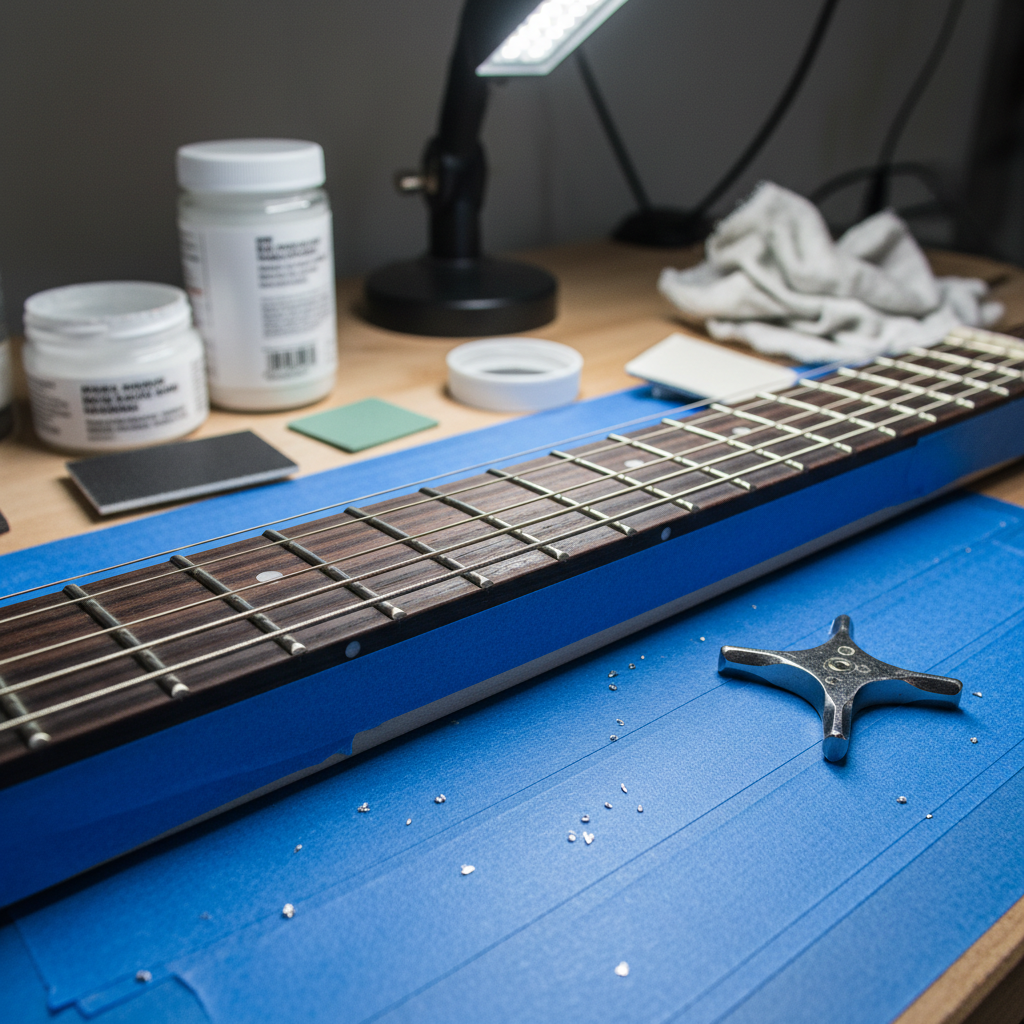 A close-up photographic shot of a rosewood guitar fretboard undergoing precise fretwork on a workbench. The fretboard is masked with crisp blue painter’s tape, exposing only the polished nickel frets, with a leveling beam resting across them and a fret rocker nearby. Tiny metallic filings catch the light near the edges. Cool, focused LED task lighting from above highlights the subtle crown of the frets and the tight grain of the rosewood, while the rest of the bench fades into a soft blur with hints of polishing compounds and micro-mesh pads. Framed from a shallow diagonal angle along the neck, with very shallow depth of field, the image conveys meticulous adjustment work, technical skill, and a modern, exacting aesthetic for repair and optimization services.