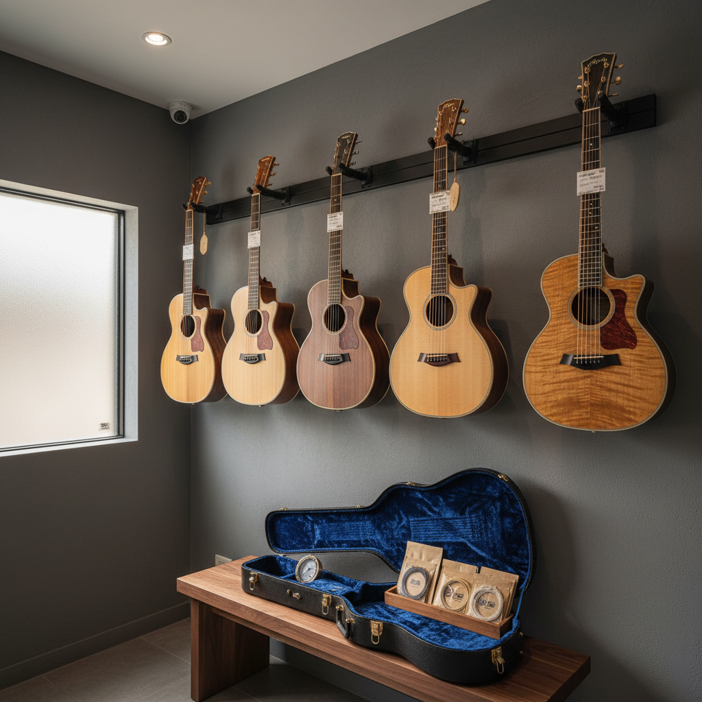 A carefully composed photographic interior of a compact yet refined guitar showroom corner within a Zhonghe workshop. Several handcrafted acoustic guitars hang on a matte charcoal wall-mounted rack, each with different tonewood combinations—mahogany, rosewood, maple—showcasing varied hues and grain patterns. Below, a simple solid-wood bench displays an open guitar case with plush lining, a hygrometer, and a small tray of premium strings. Natural daylight filters in from a nearby frosted window, mixing with warm ceiling lighting to create a balanced, inviting glow that gently reflects off the instruments’ finishes. Shot at eye level with a wide lens, keeping the entire scene in focus while maintaining a clean, uncluttered composition. The mood is calm, curated, and professional, conveying a boutique workshop that values sound, feel, and visual detail.