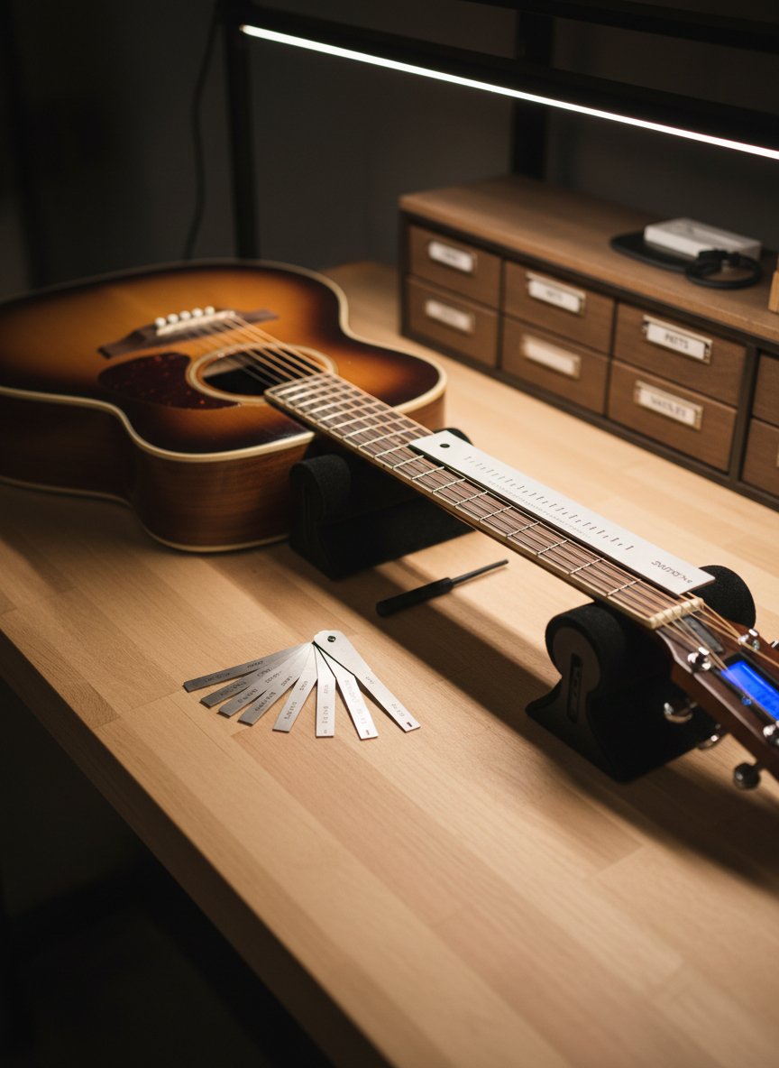 A warmly lit photographic scene of a luthier’s setup station focused on a handcrafted guitar being adjusted for perfect playability. The guitar lies on a padded neck rest atop a clean wooden bench, with a notched straightedge resting along the fretboard, feeler gauges near the nut, and a small truss rod wrench beside the soundhole. A digital action ruler is positioned near the bridge saddles. Overhead LED strip lights provide even, neutral illumination, reducing harsh shadows and allowing every metallic edge and wood pore to be clearly visible. The background, softly blurred, reveals organized drawers labeled for frets, nuts, and saddles. Captured from a slightly elevated angle with sharp focus on the fretboard area, the atmosphere is precise, calm, and professional, aligning with a modern repair and setup service.