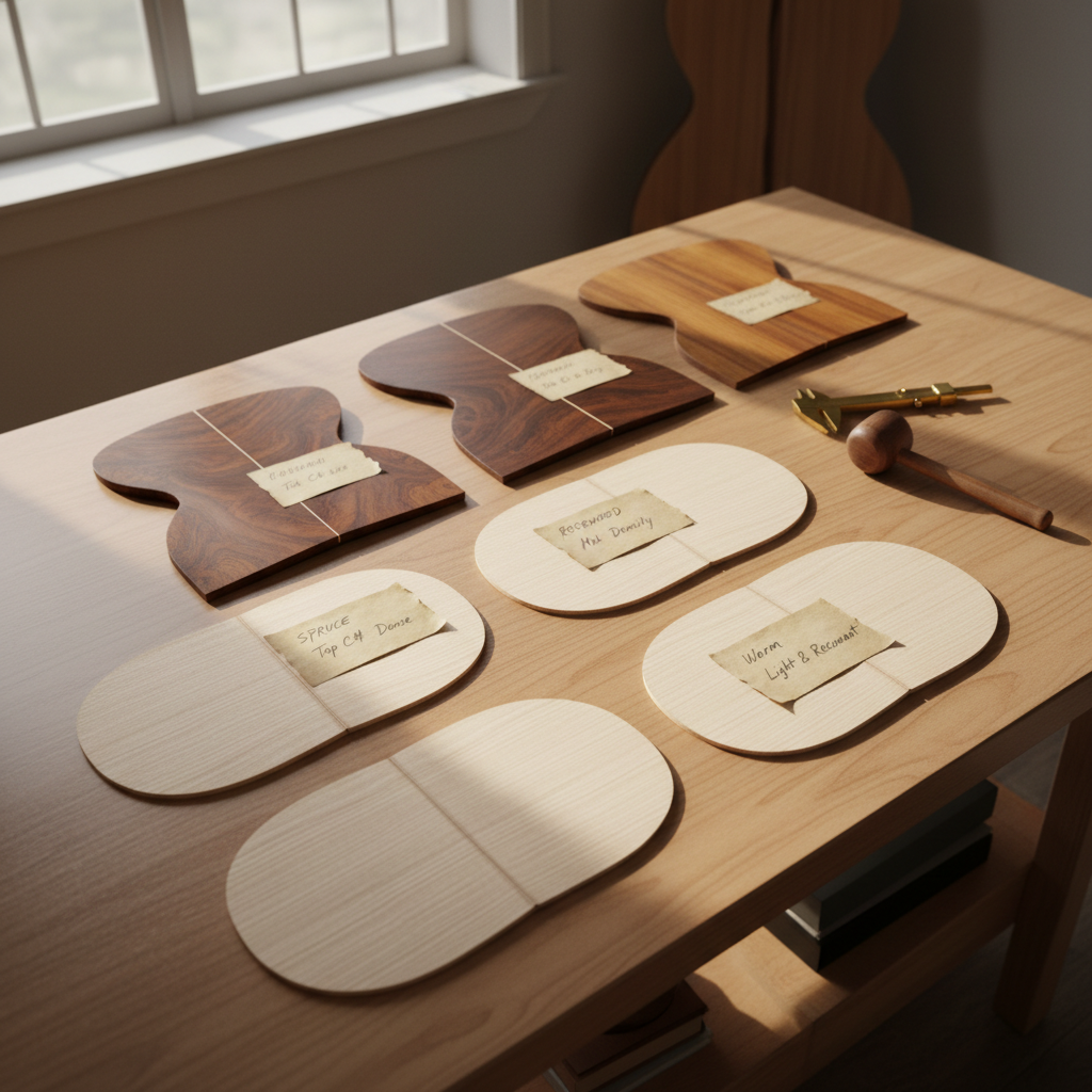 A photographic still life of carefully selected tonewood sets laid out on a large, smooth worktable, representing choices for a custom hand-built guitar. Bookmatched spruce tops with even, straight grain lie beside rich, chocolate-colored rosewood and golden-brown mahogany backs and sides, each piece labeled with handwritten notes about tap tone and density. A small wooden mallet and thickness caliper rest nearby. Soft morning light from a high workshop window washes across the table, revealing subtle medullary rays and figure in the wood while casting diffuse, gentle shadows. Captured from a slightly elevated overhead angle with moderate depth of field to keep the center sharp, the composition is balanced and orderly. The mood is contemplative, artisanal, and professional, emphasizing the importance of material selection in fine guitar building.